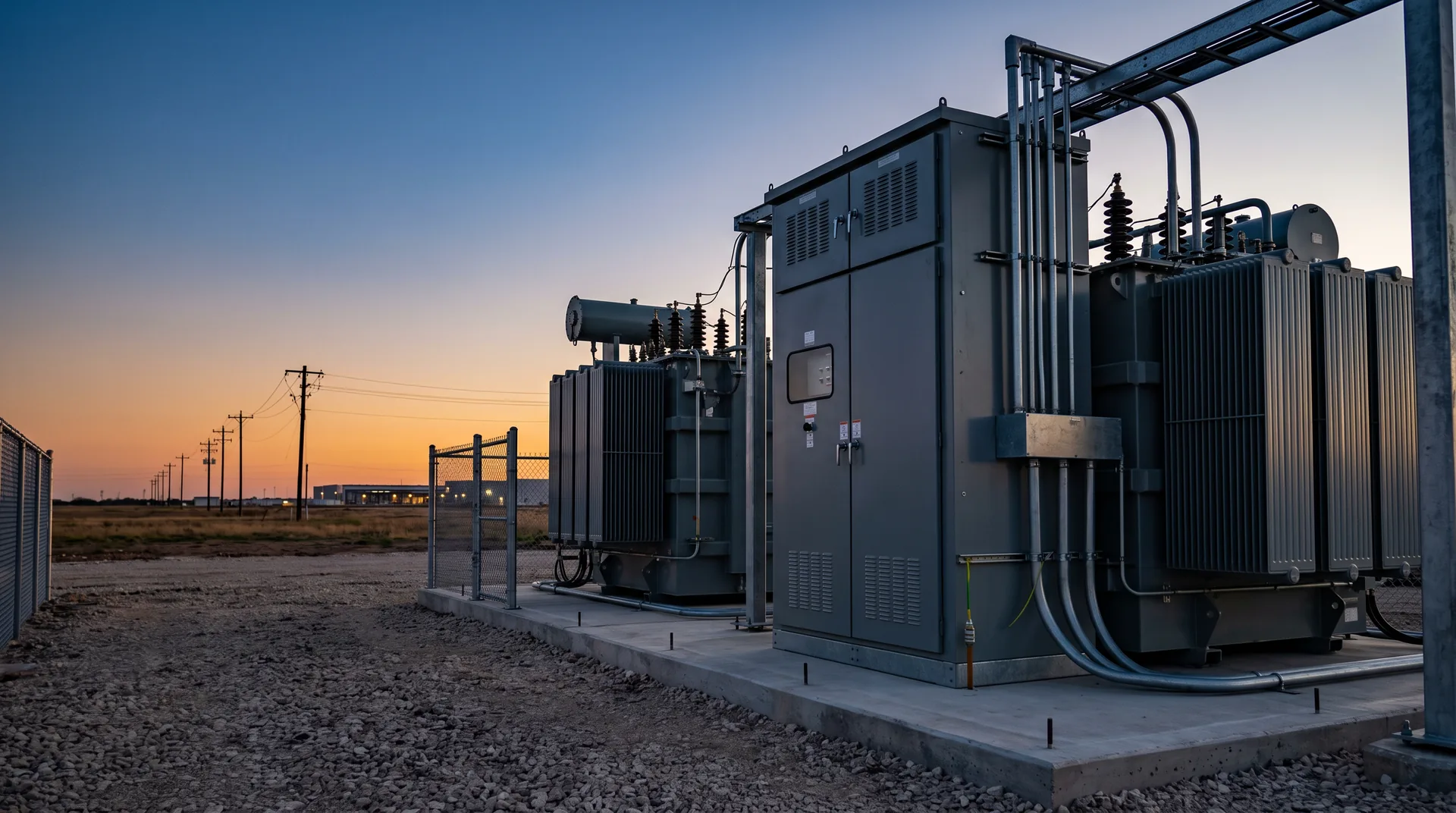 Modular medium-voltage transformation on a concrete pad at dusk